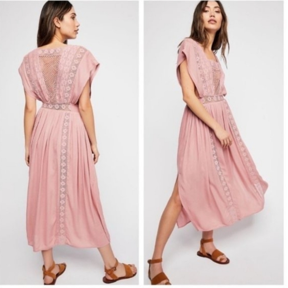Free People Sway Away Pieced Maxi Slit Crochet Lace Flutter Sleeve Dress Size XS
